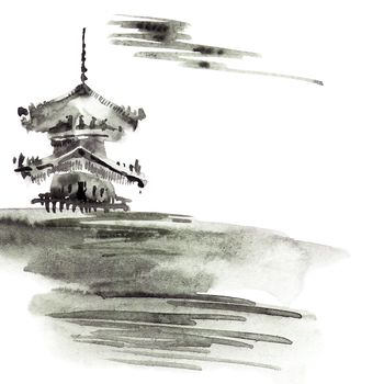 Traditional pagoda and cloudy sky on white background. Watercolor illustration in sumi-e style. Oriental traditional painting.