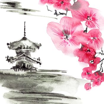 Traditional pagoda and cloudy sky on white background. Watercolor illustration in sumi-e style. Oriental traditional painting.