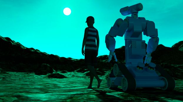 A young boy and a small mechanical robot, walking to the sun - 3d rendering