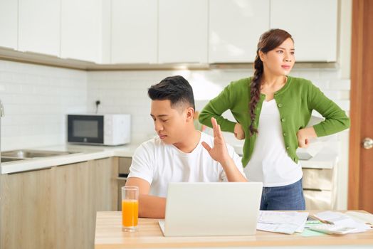 Couple arguing about money at home. Problems in relationship