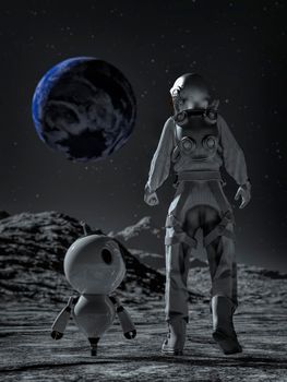 Astronaut and small robot at the spacewalk on the moon looking at the earth. 3d rendering.