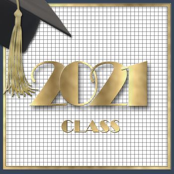 2021 class. Graduation 2021 cap with tassel. Class of 2021 year on squared graph grid paper. Education concept, isolated. Place for text, copy space. 3D illustration