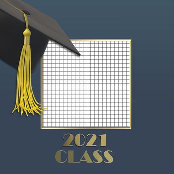 Graduation 2021. Graduation 2021 cap with tassel. Gold text 2021 class on squared grid paper. Education, greetings, achievement concept. Place for text. Mock up, copy space. 3D illustration