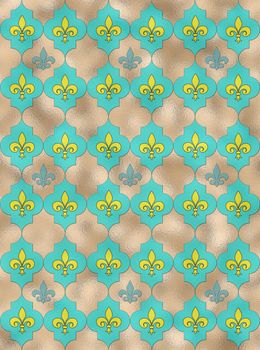 fleur-de-lis French seamless pattern with turquoise blue repeat motif lily fleur-de-Lis on gold shiny background, Illustration