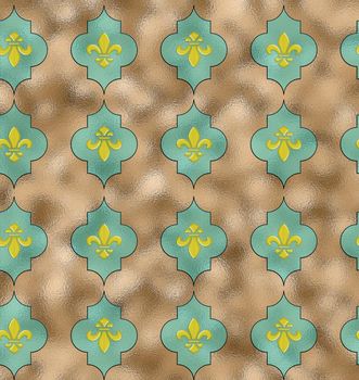 Royal Lily Fleur de Lis Seamless Pattern. Turquoise blue seamless background with lily fleur de lis for print fabric or poster. 3Dillustration