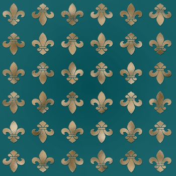 French heraldic seamless floral pattern of golden fleur-de-lis motif on gold green background. vintage interior accessories, upholstery design. Illustration