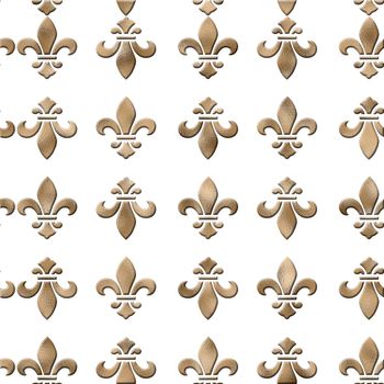 Seamless background with lily fleur de Lis. Gold pattern with heraldic symbol fleur-de-lis on white. Modern abstract pattern. 3D Illustration