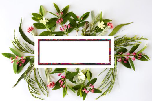 Beautiful Flowers border with gold frame for mock up. Spring summer flowers for invitation, wedding or greeting cards. Mothers day greeting