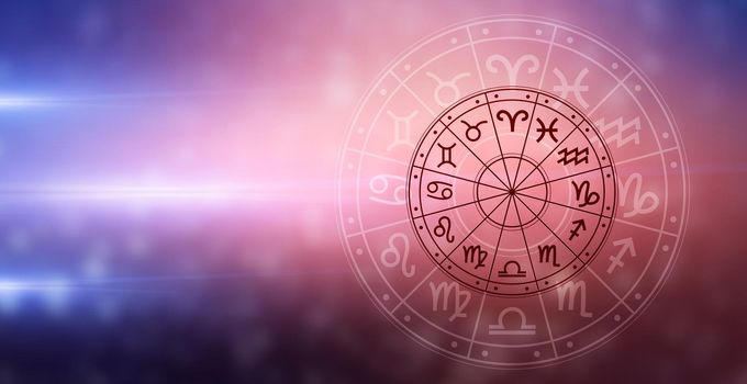 Zodiac signs inside of horoscope circle. Astrology in the sky with many stars and moons  astrology and horoscopes concept