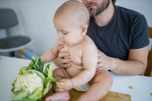 Father lovingly holding his happy baby daughter above table. Adorable baby on wooden board playing with cauliflower. Babies interacting with food