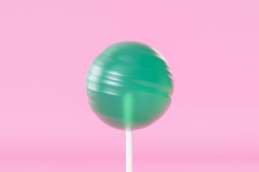 Green lollipop sweet candy on stick, pastel pink background, 3d rendering