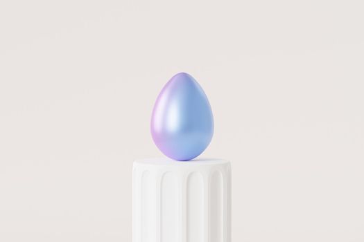 Easter egg decorated with blue and purple gradient paint on white podium, spring holidays card, 3d illustration render