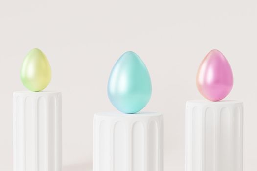 Easter eggs decorated with colorful gradient paint on white podium, spring holidays card, 3d illustration render