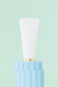 Mockup lotion tube for cosmetics products, template or advertising on blue pillar podium, minimal 3d illustration render