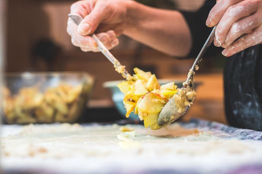 Close up of woman preparing traditional Austrian apple strudel in the kitchen
