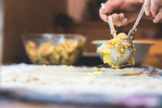 Close up of woman preparing traditional Austrian apple strudel in the kitchen
