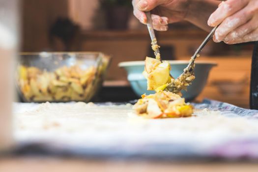 Close up of woman preparing traditional Austrian apple strudel in the kitchen