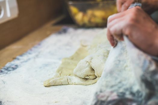 Close up of woman preparing traditional Austrian apple strudel in the kitchen