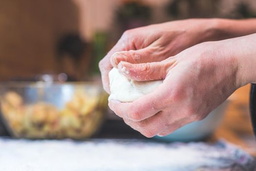 Close up of woman kneading traditional dough in the kitchen