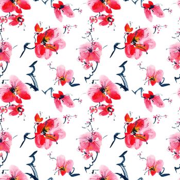 Watercolor and ink illustration of blossom sakura tree with flowers and buds. Oriental traditional painting in style sumi-e, u-sin and gohua. Seamless pattern.