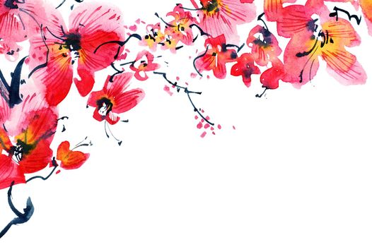 Watercolor illustration of blossom sakura tree with flowers and buds. Oriental traditional painting in style sumi-e, u-sin and gohua. Horizontal design.