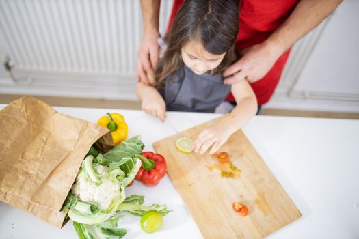 Little girl and her father slicing lemons, tomatoes, and bell peppers on cutting board. Male hands and young child cutting vegetables on wooden board. Daughter-father cooking together