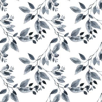 Tree leaves painted by black ink and watercolor. Seamless pattern. Oriental traditional painting in style sumi-e, u-sin.