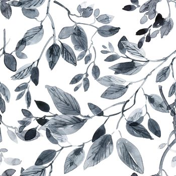 Tree leaves painted by black ink and watercolor. Seamless pattern. Oriental traditional painting in style sumi-e, u-sin.