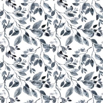 Tree leaves painted by black ink and watercolor. Seamless pattern. Oriental traditional painting in style sumi-e, u-sin.