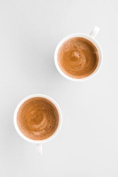 Drinks menu, italian espresso recipe and organic shop concept - Cup of hot french coffee as breakfast drink, flatlay cups on white background