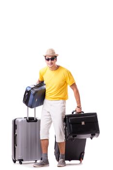 Happy young man going on summer vacation isolated on white