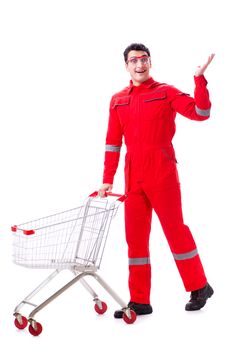 Repairman with shopping cart in industrial procurement concept