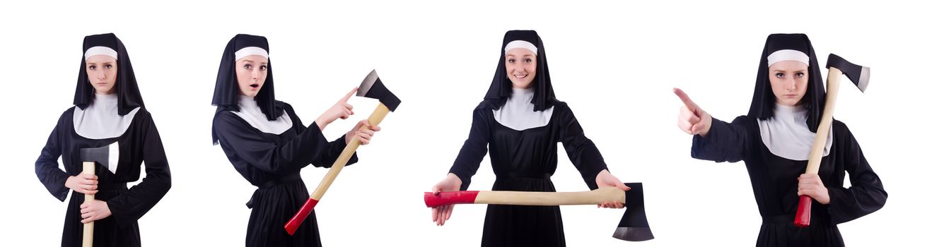 Nun with axe isolated on white