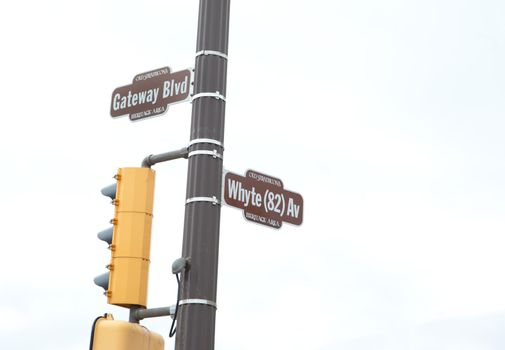 brown street signs in the Strathcona heritage district of Edmonton, Alberta