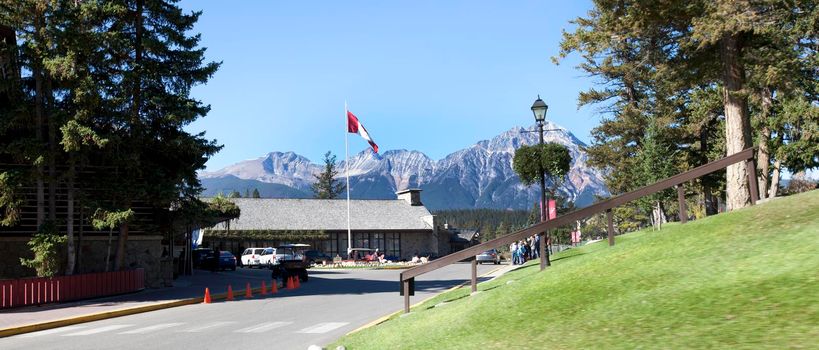 October 5, 2017: the main lodge with mountain at Jasper Park Lodge 