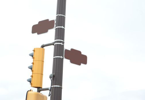 corner or intersection with traffic lights and two brown street signs with copy space
