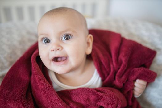 Adorable and happy baby covered with red blanket and lying on bed. Surprised-looking baby smiling and resting on pillows. Toddles and babies on beds