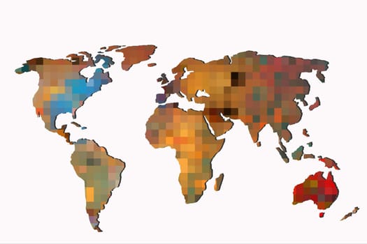 Roughly outlined world map with a colorful background patterns