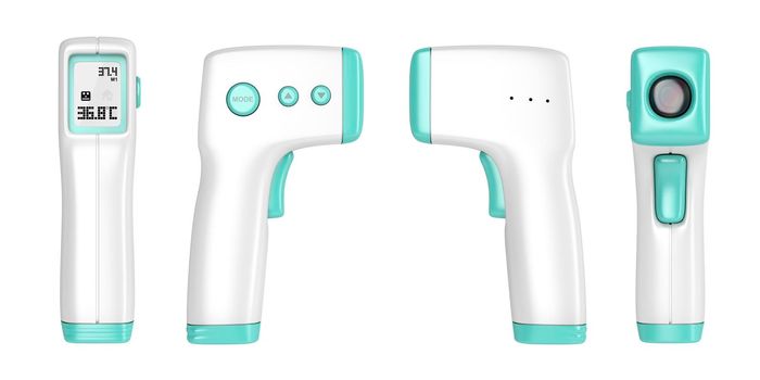 Front, side and back view of gun shaped non-contact infrared thermometer