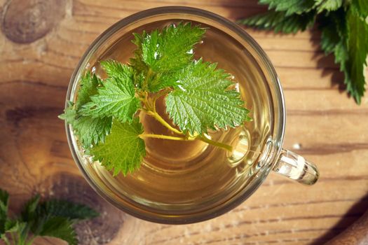 A cup of herbal tea with fresh stinging nettles on a wooden background, top view