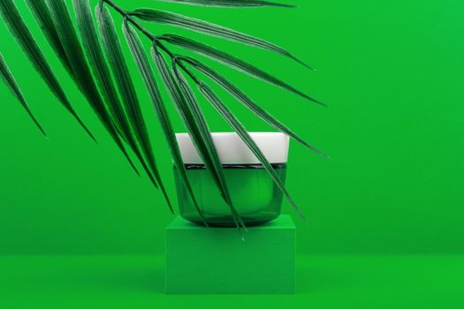 Green glossy cosmetic jar with white cap on green podium against green background with palm leaf. Minimalistic concept of organic skin care beauty products. Face cream, mask or scrub 