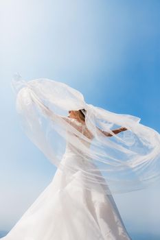 An elegant bride stands with her arms outstretched, the wind wind will blow a veil around her . High quality photo