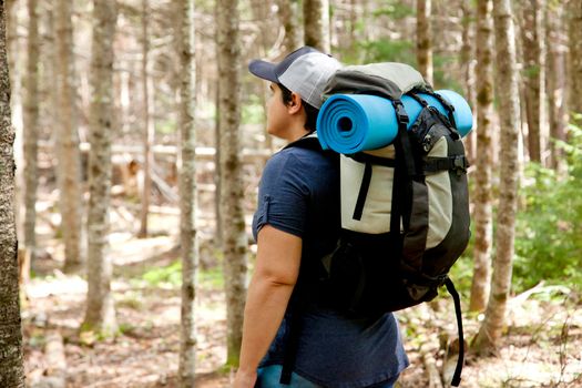 Person with a backpack, camping roll standing in the woods
