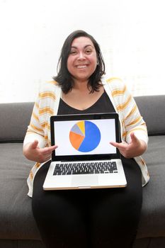 Woman working at home is happy showing off her business results or research insights from laptop 