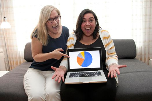 Happy female couple showing finance or business results on a laptop at home 