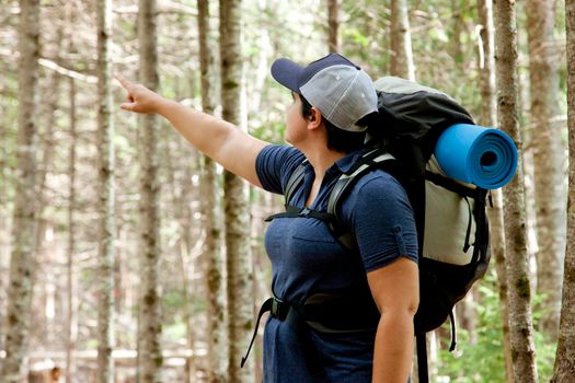Person hiking with a knapsack pointing in the forest which way to go 