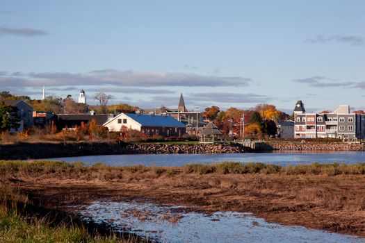 Wolfville, Nova Scotia- October 23, 2012: Looking across the dykes to the gazebo, railtown, baptist church in Wolfville