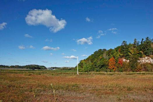 St. Croix, Nova Scotia- October 8, 2010: White cliffs and autumn leaves near the 101 highway in St Croix or Windsor area of Nova Scotia