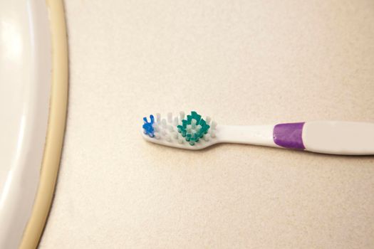 Looking down on a purple and white toothbrush with handles and bristles