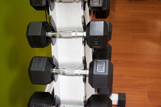 15 and 20 pound dumbells on a rack of weights